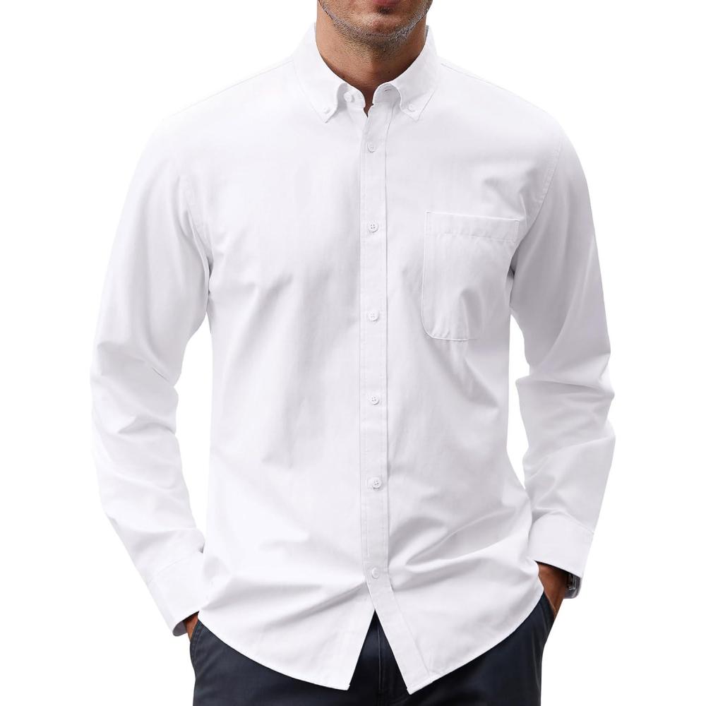 imageJVER Mens Oxford Shirt Solid Casual Button Down Collar Shirts Long Sleeve Dress Shirts with PocketWhite