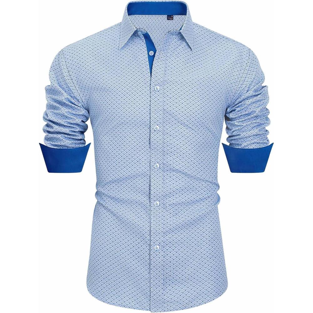 imageJVER Mens Printed Dress Shirts Casual Long Sleeve Stylish Button Down ShirtLight Blueprinted