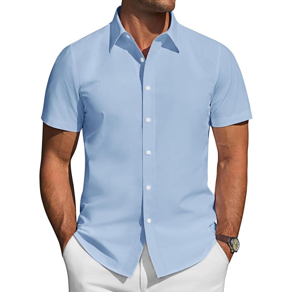 imageJVER Mens Short Sleeve Button Down Shirt Stretch Business Casual Dress Shirts Solid Summer Wedding Prom TopsBlue