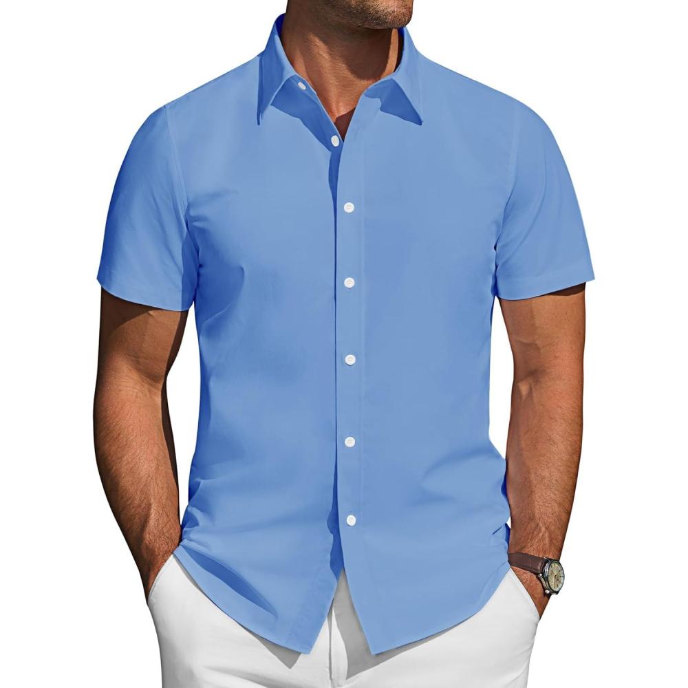 imageJVER Mens Short Sleeve Button Down Shirt Stretch Business Casual Dress Shirts Solid Summer Wedding Prom TopsMisty Blue