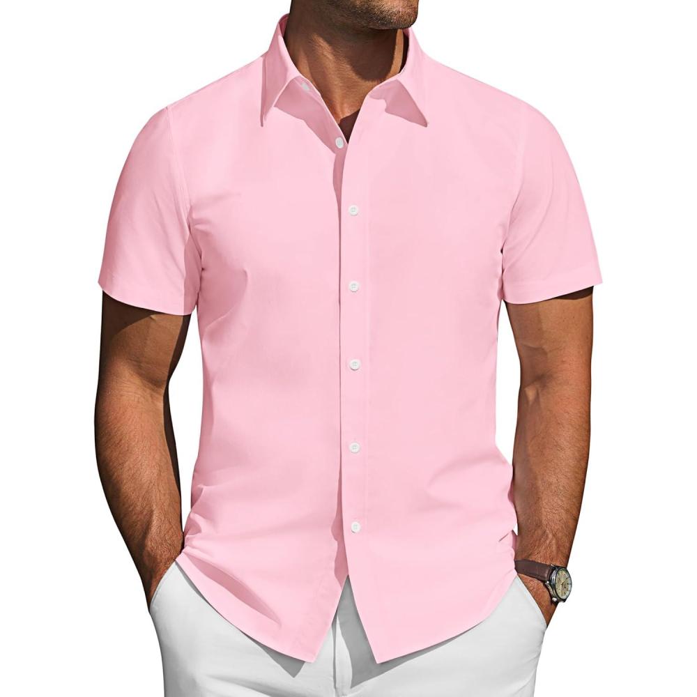 imageJVER Mens Short Sleeve Button Down Shirt Stretch Business Casual Dress Shirts Solid Summer Wedding Prom TopsPink