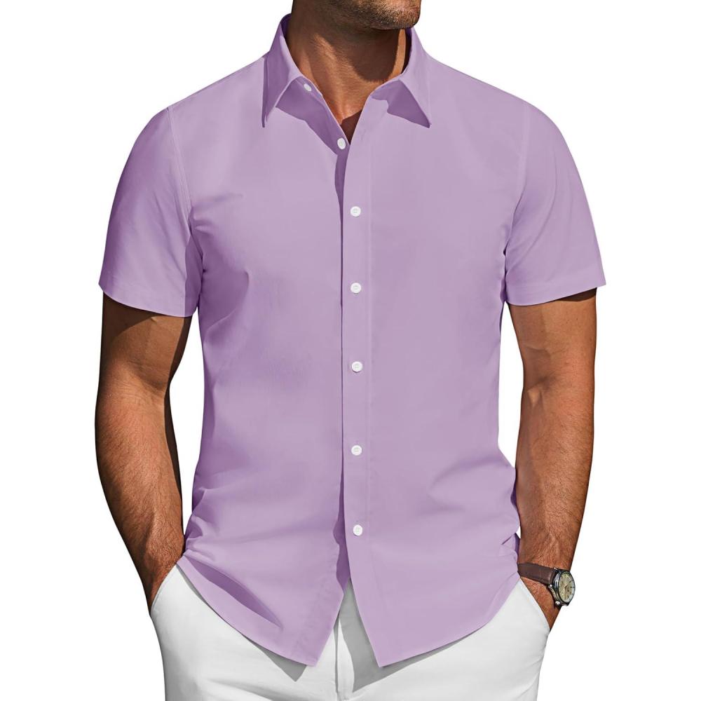 imageJVER Mens Short Sleeve Button Down Shirt Stretch Business Casual Dress Shirts Solid Summer Wedding Prom TopsPurple