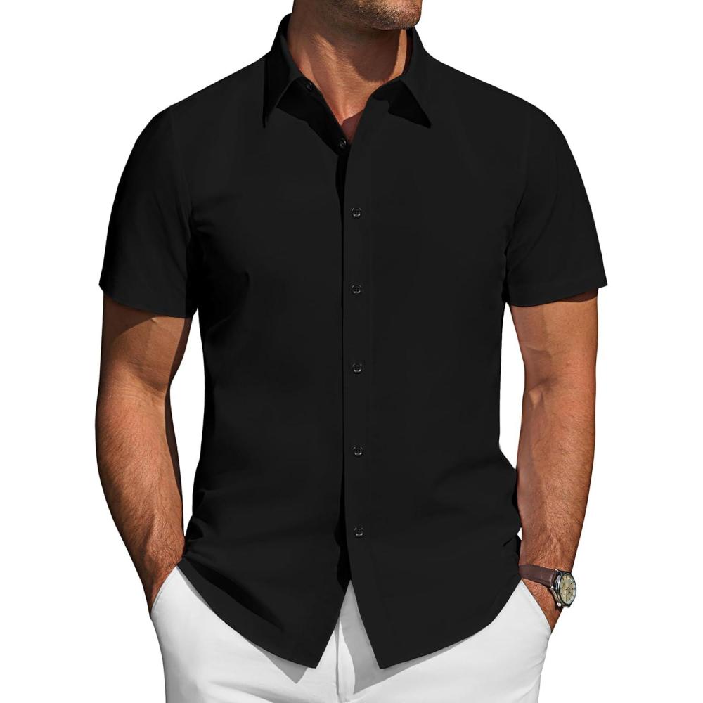 imageJVER Mens Short Sleeve Button Down Shirt Stretch Business Casual Dress Shirts Solid Summer Wedding Prom TopsSolid Black