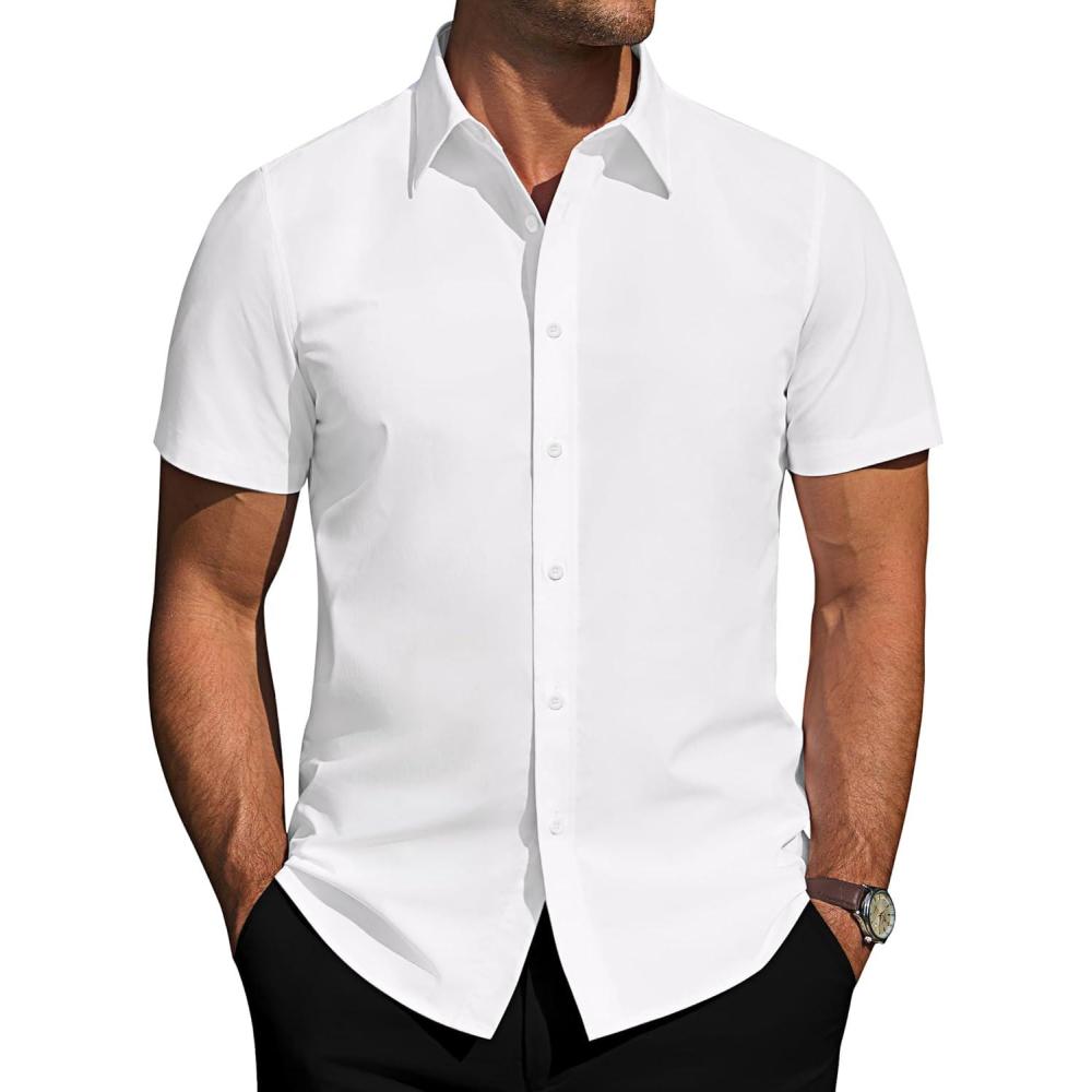 imageJVER Mens Short Sleeve Button Down Shirt Stretch Business Casual Dress Shirts Solid Summer Wedding Prom TopsWhite