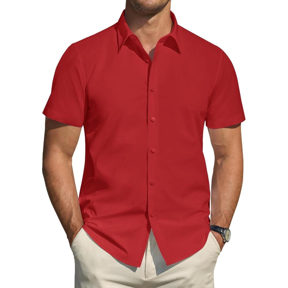 imageJVER Mens Short Sleeve Dress Shirts Stretch Stain Shield Casual Button Down Shirts Solid Formal ShirtBright Red