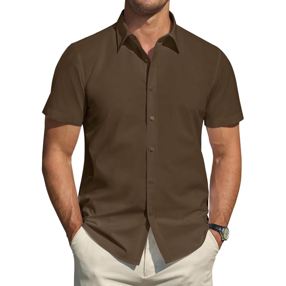 imageJVER Mens Short Sleeve Dress Shirts Stretch Stain Shield Casual Button Down Shirts Solid Formal ShirtBrown