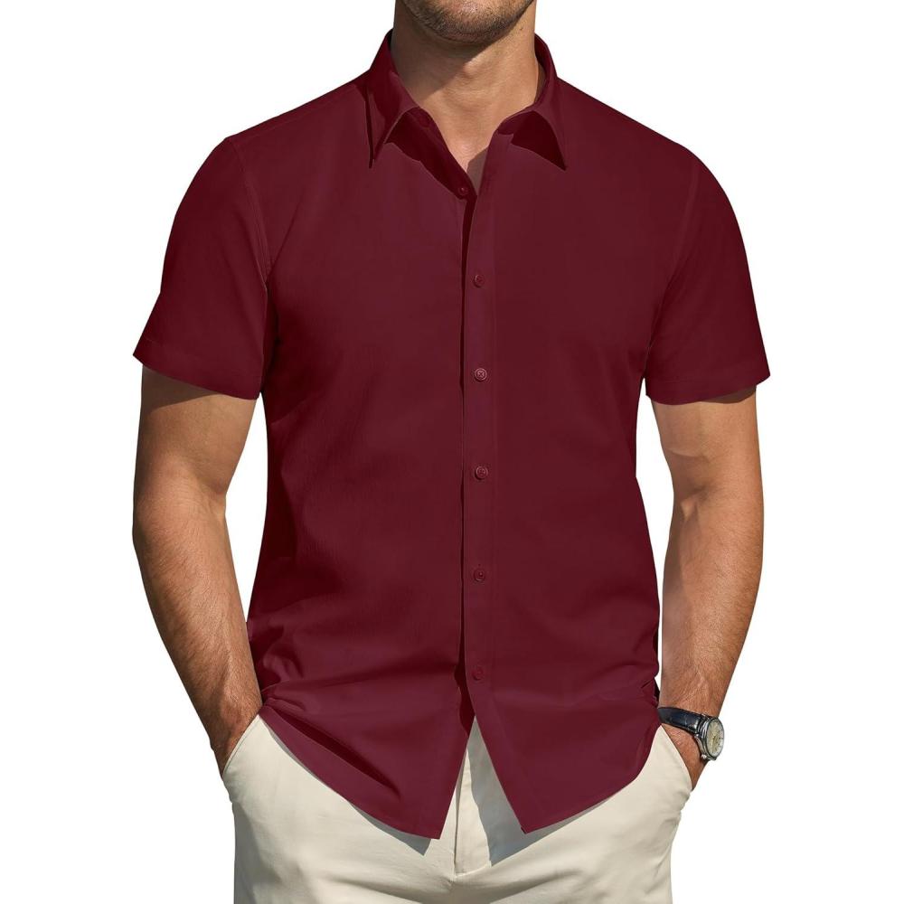 imageJVER Mens Short Sleeve Dress Shirts Stretch Stain Shield Casual Button Down Shirts Solid Formal ShirtBurgundy