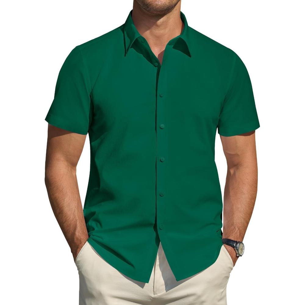 imageJVER Mens Short Sleeve Dress Shirts Stretch Stain Shield Casual Button Down Shirts Solid Formal ShirtDark Green