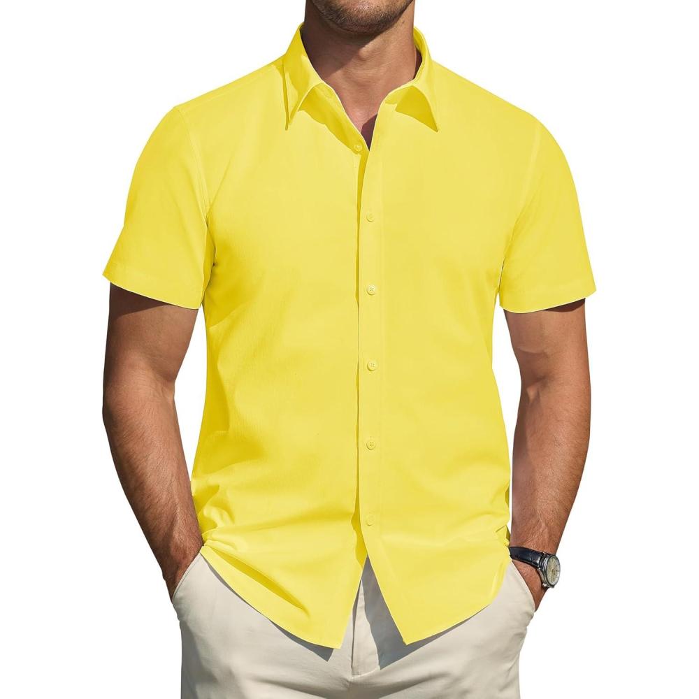 imageJVER Mens Short Sleeve Dress Shirts Stretch Stain Shield Casual Button Down Shirts Solid Formal ShirtLemon Yellow
