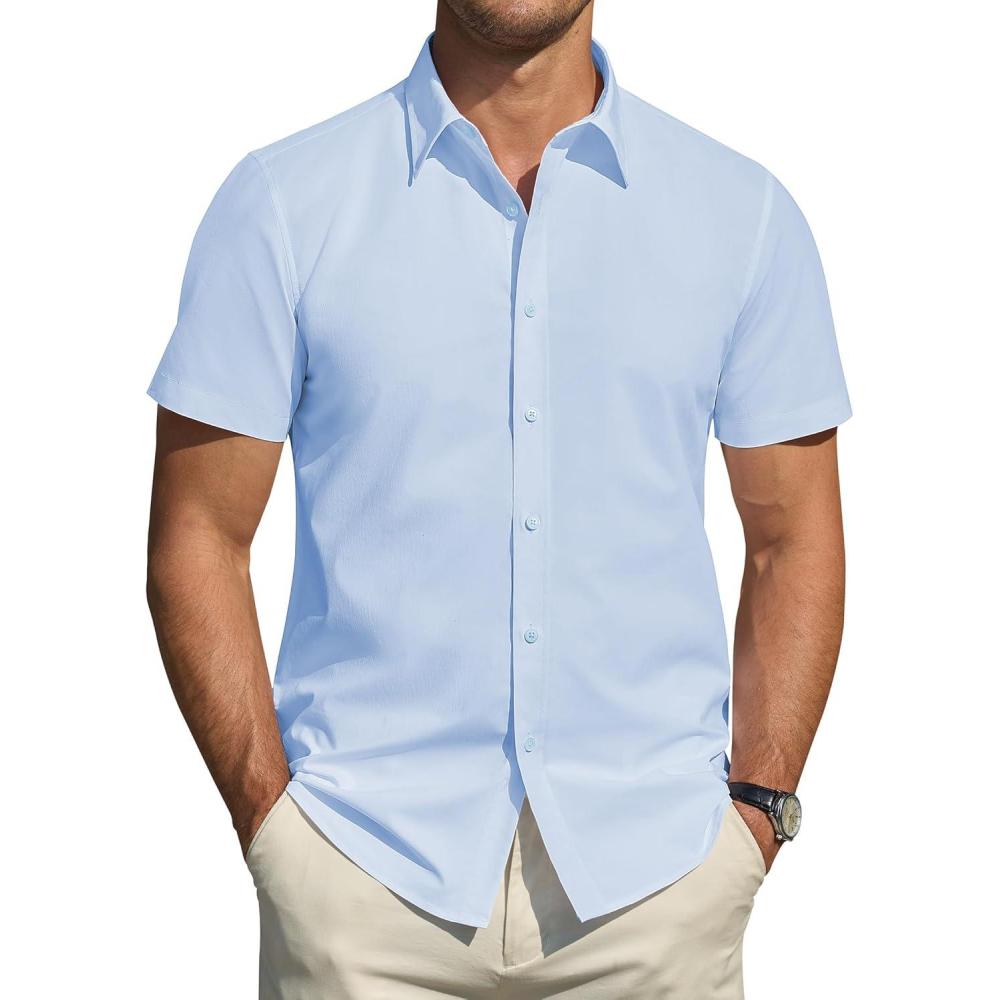 imageJVER Mens Short Sleeve Dress Shirts Stretch Stain Shield Casual Button Down Shirts Solid Formal ShirtLight Blue