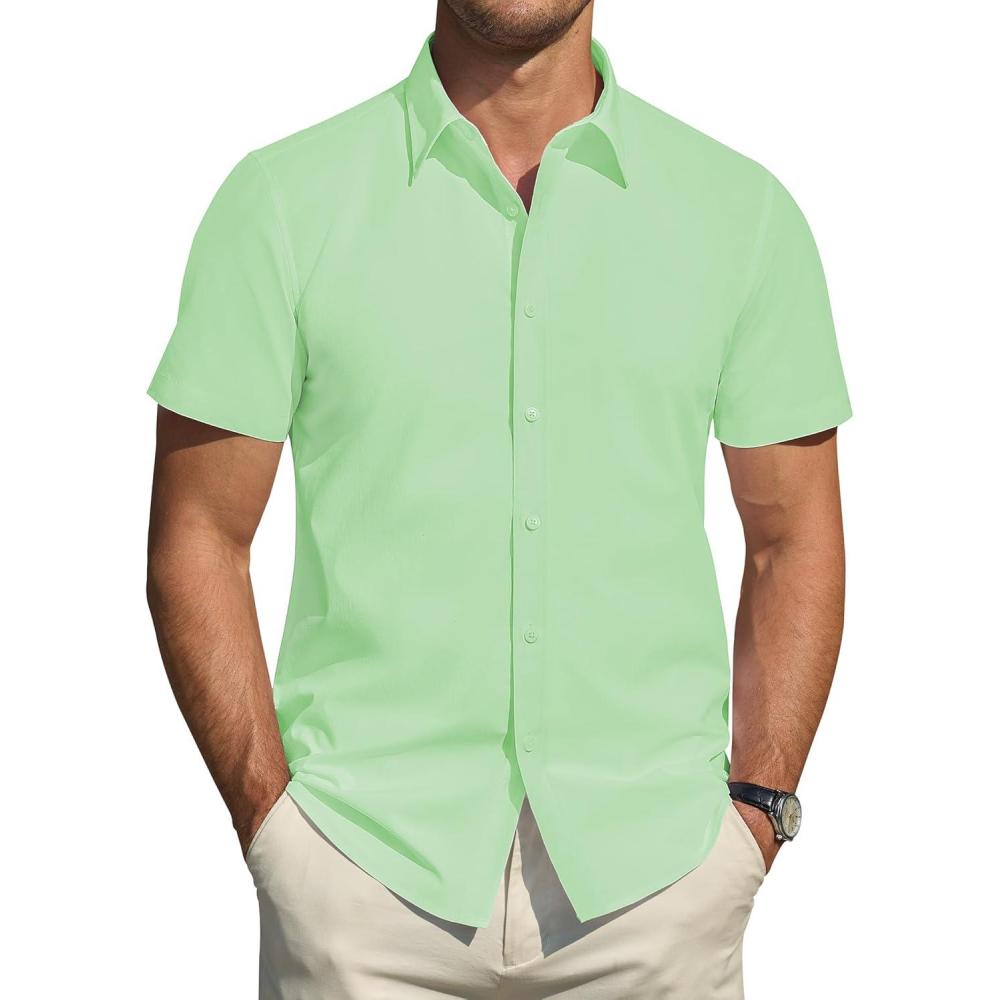 imageJVER Mens Short Sleeve Dress Shirts Stretch Stain Shield Casual Button Down Shirts Solid Formal ShirtLight Green