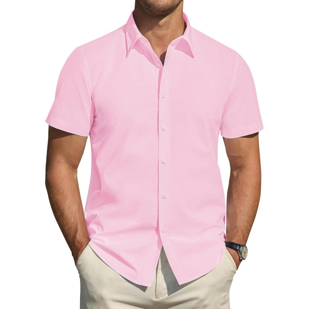 imageJVER Mens Short Sleeve Dress Shirts Stretch Stain Shield Casual Button Down Shirts Solid Formal ShirtLight Pink