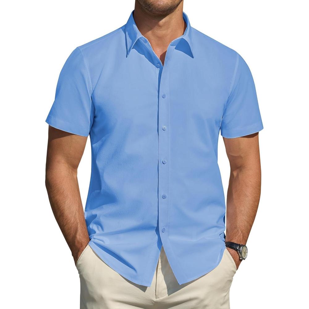 imageJVER Mens Short Sleeve Dress Shirts Stretch Stain Shield Casual Button Down Shirts Solid Formal ShirtMisty Blue