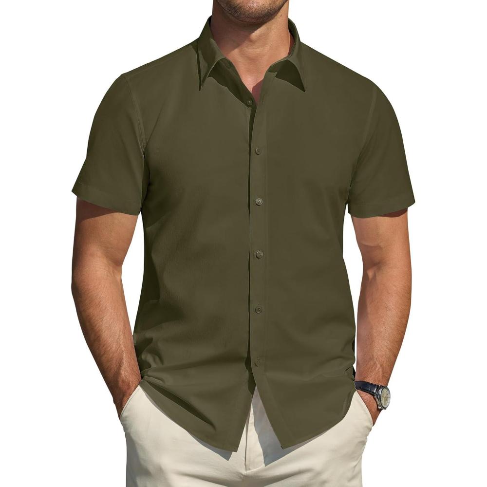 imageJVER Mens Short Sleeve Dress Shirts Stretch Stain Shield Casual Button Down Shirts Solid Formal ShirtOlive Green