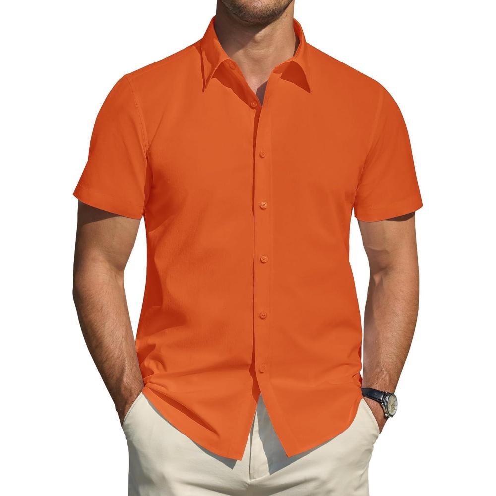 imageJVER Mens Short Sleeve Dress Shirts Stretch Stain Shield Casual Button Down Shirts Solid Formal ShirtOrange