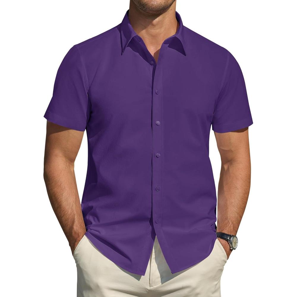 imageJVER Mens Short Sleeve Dress Shirts Stretch Stain Shield Casual Button Down Shirts Solid Formal ShirtPurple