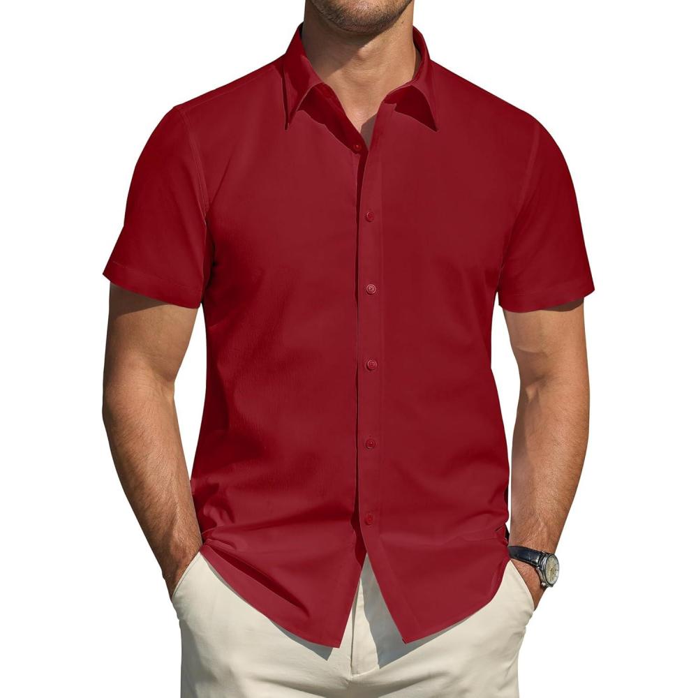 imageJVER Mens Short Sleeve Dress Shirts Stretch Stain Shield Casual Button Down Shirts Solid Formal ShirtRed