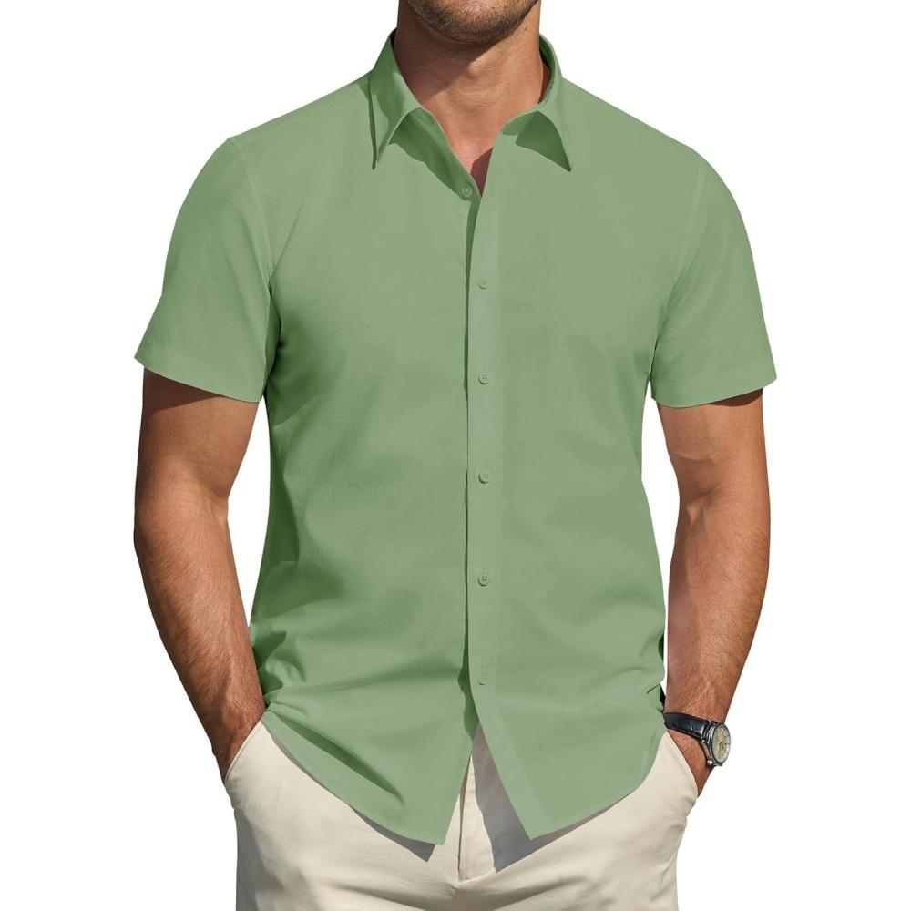 imageJVER Mens Short Sleeve Dress Shirts Stretch Stain Shield Casual Button Down Shirts Solid Formal ShirtSage Green