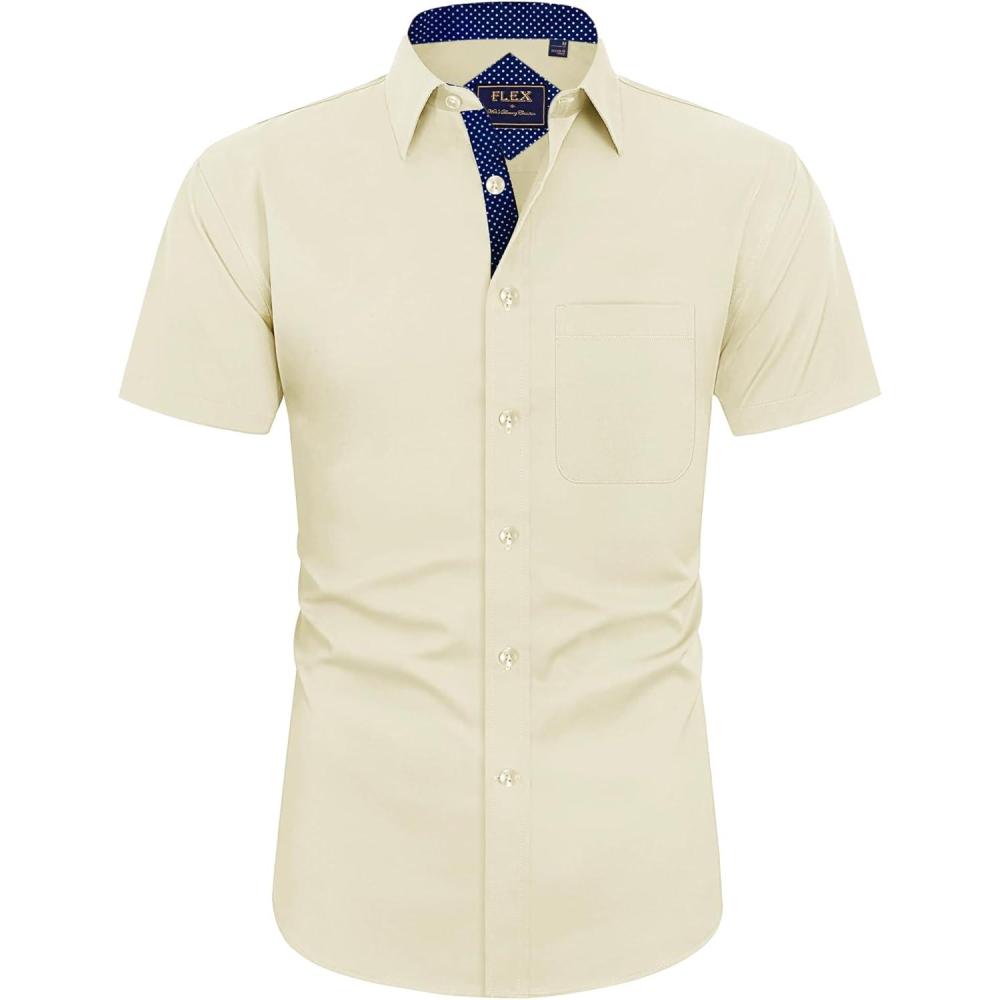 imageJVER Mens Short Sleeve Dress Shirts Stretch Wrinkle Free Casual Button Down Shirts with Pocket for Business WeddingBeige