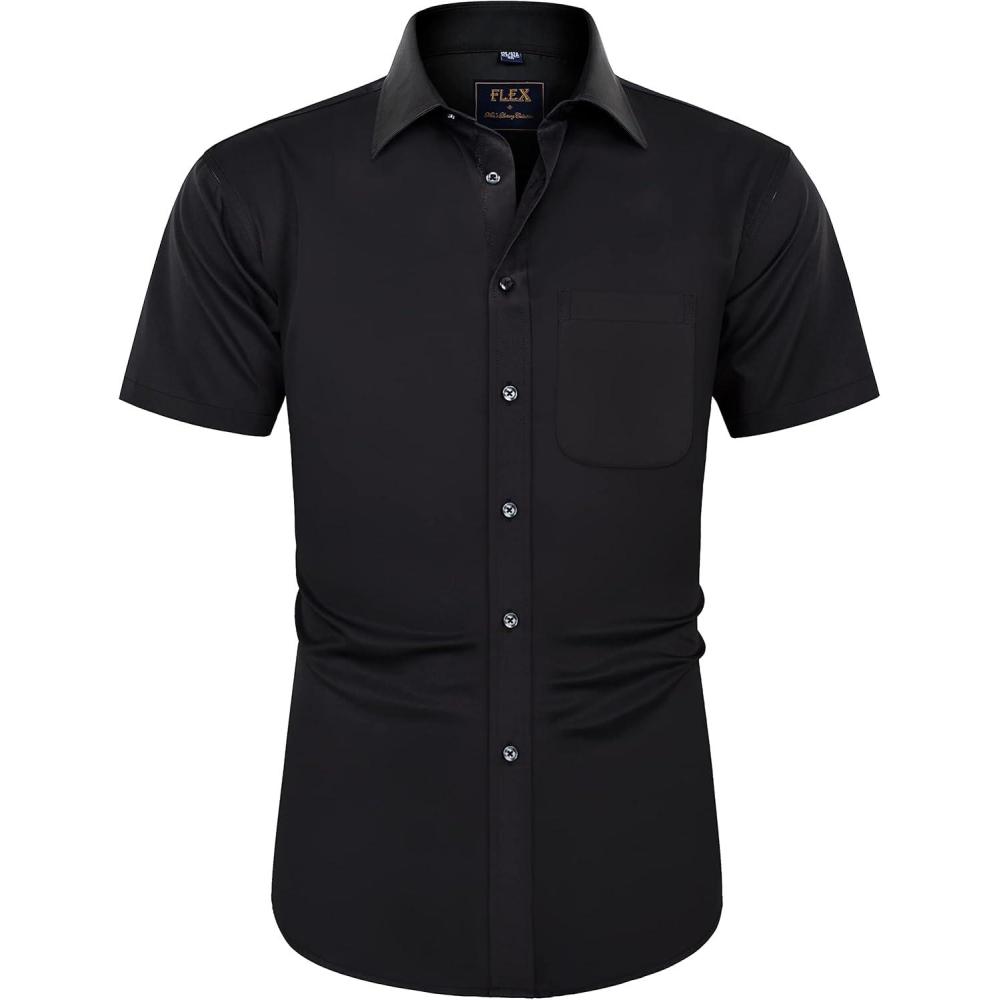 imageJVER Mens Short Sleeve Dress Shirts Stretch Wrinkle Free Casual Button Down Shirts with Pocket for Business WeddingBlack
