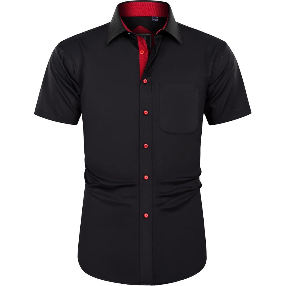 imageJVER Mens Short Sleeve Dress Shirts Stretch Wrinkle Free Casual Button Down Shirts with Pocket for Business WeddingBlack Red
