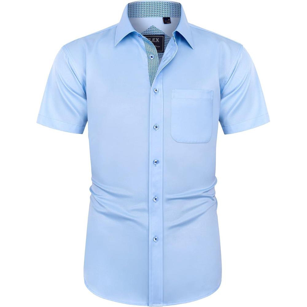 imageJVER Mens Short Sleeve Dress Shirts Stretch Wrinkle Free Casual Button Down Shirts with Pocket for Business WeddingBlue