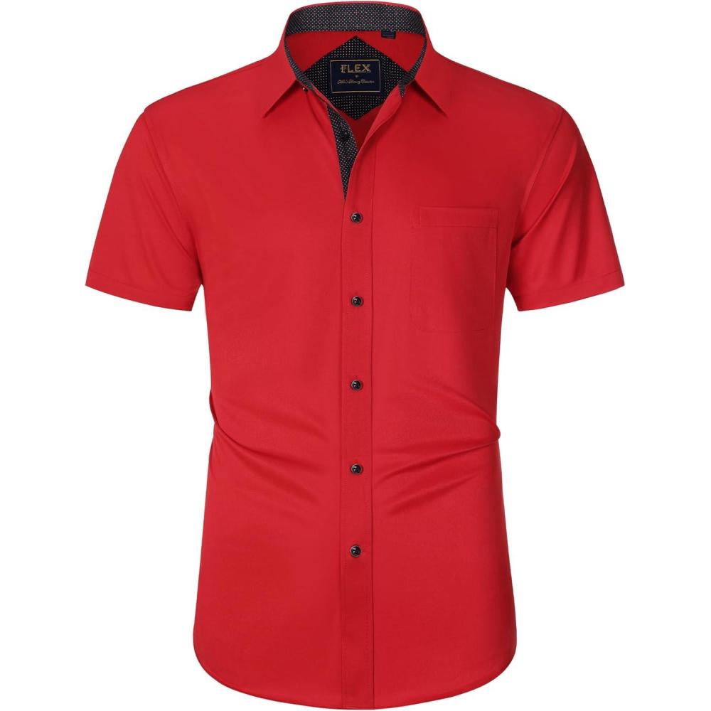 imageJVER Mens Short Sleeve Dress Shirts Stretch Wrinkle Free Casual Button Down Shirts with Pocket for Business WeddingBright Red