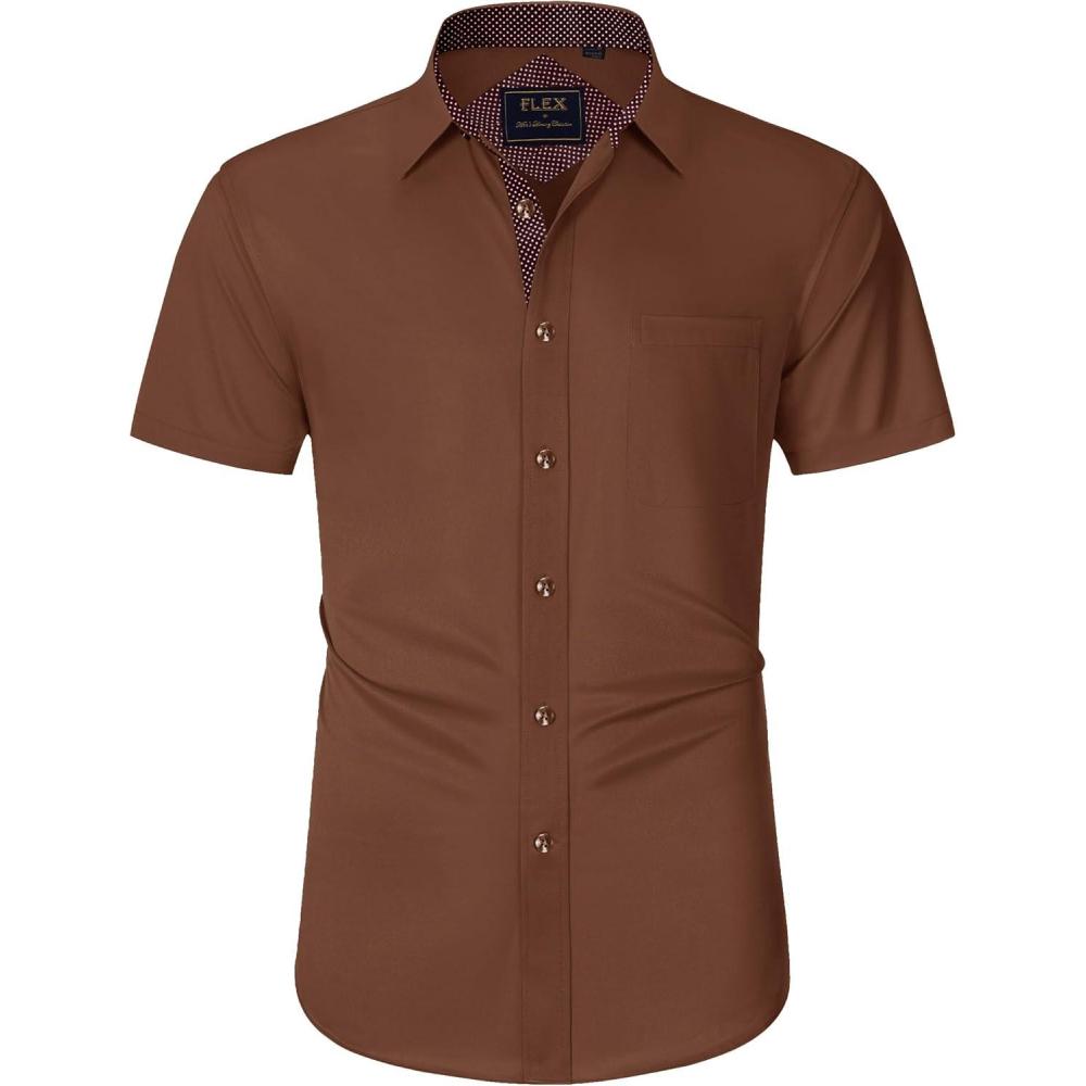 imageJVER Mens Short Sleeve Dress Shirts Stretch Wrinkle Free Casual Button Down Shirts with Pocket for Business WeddingChocolate Brown