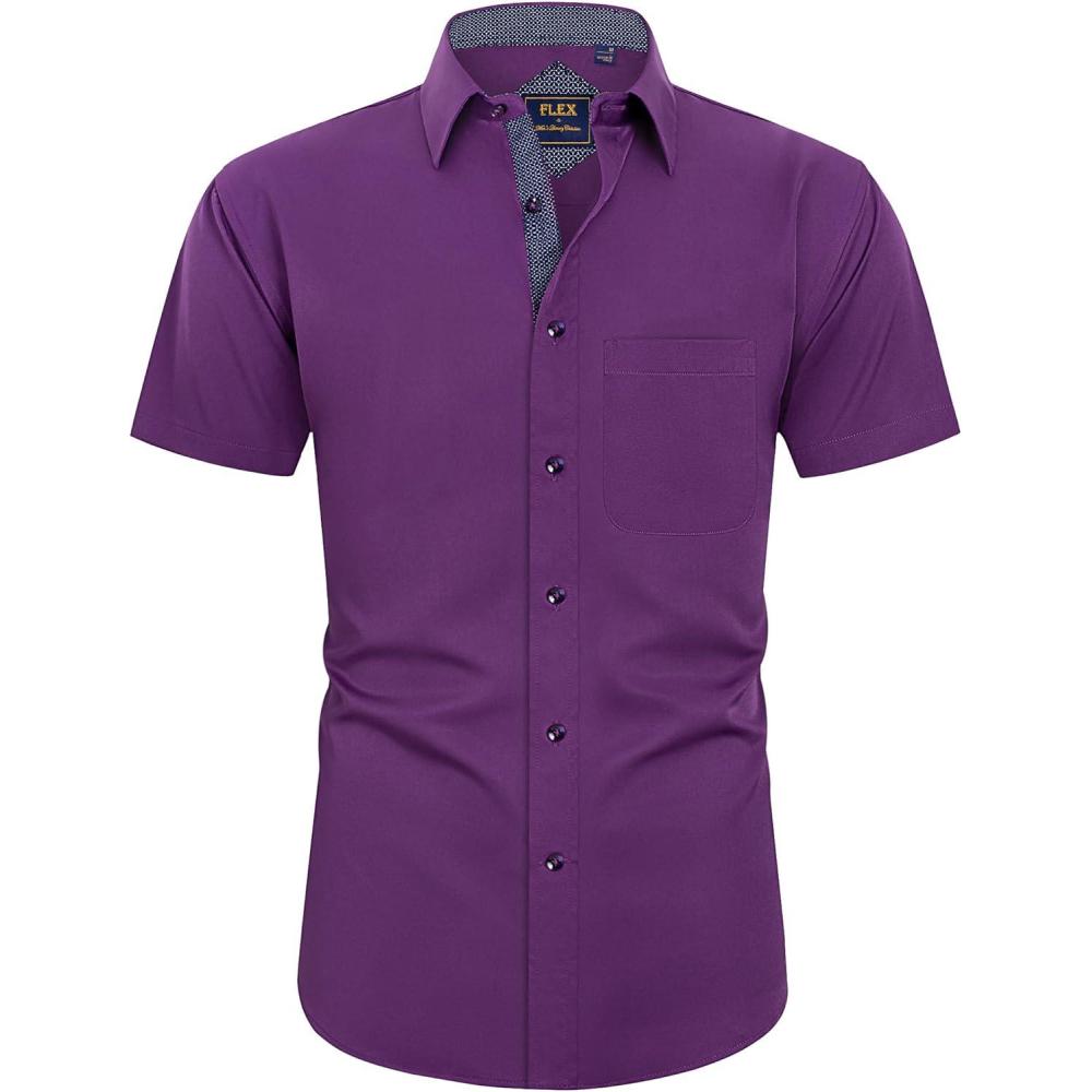 imageJVER Mens Short Sleeve Dress Shirts Stretch Wrinkle Free Casual Button Down Shirts with Pocket for Business WeddingDark Purple