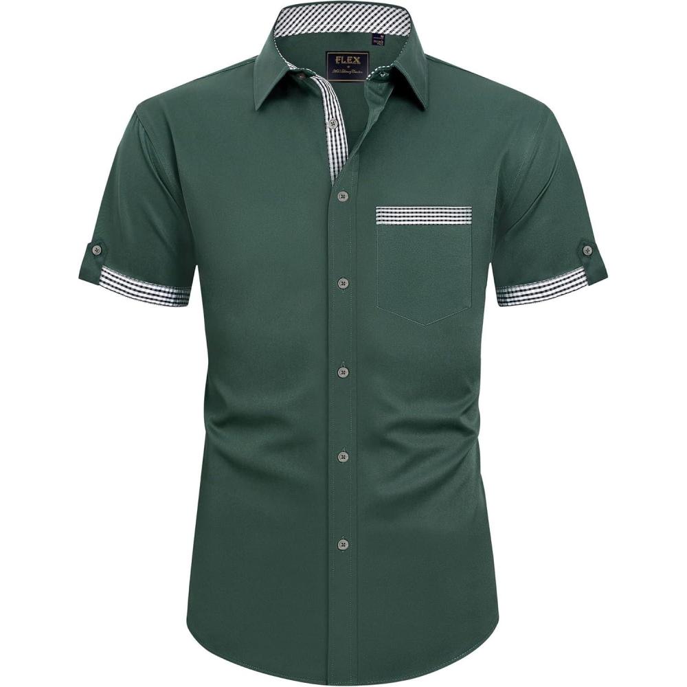 imageJVER Mens Short Sleeve Dress Shirts Stretch Wrinkle Free Casual Button Down Shirts with Pocket for Business WeddingGreen Contrast