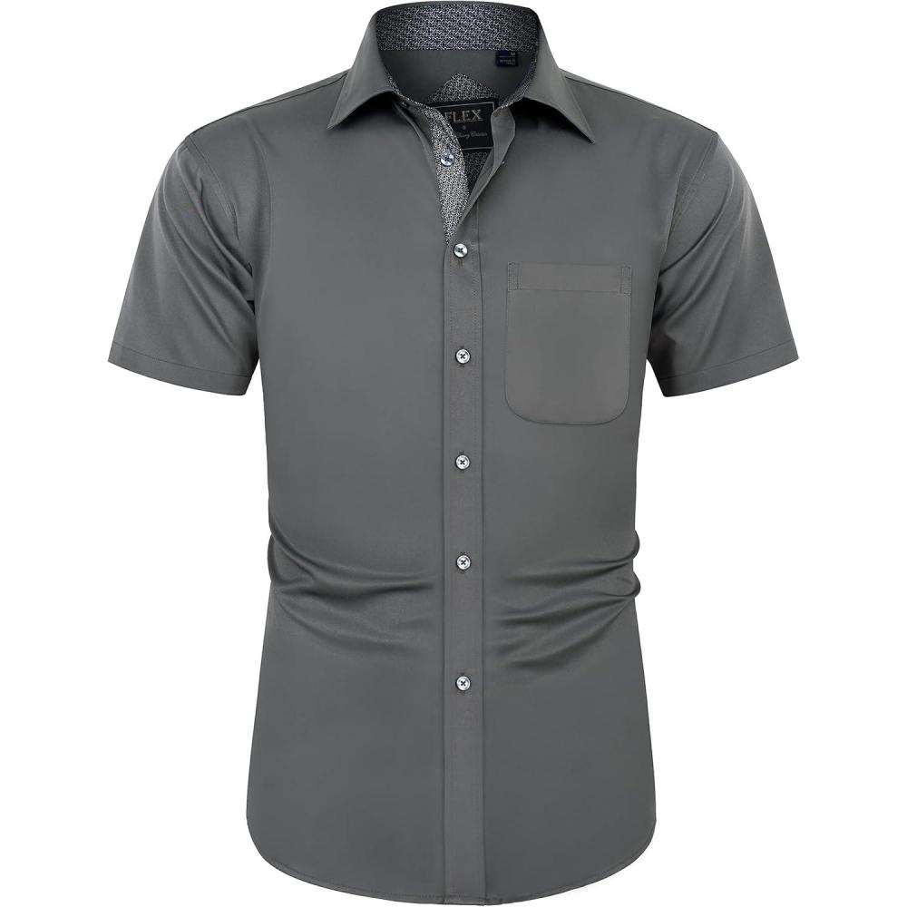 imageJVER Mens Short Sleeve Dress Shirts Stretch Wrinkle Free Casual Button Down Shirts with Pocket for Business WeddingGrey