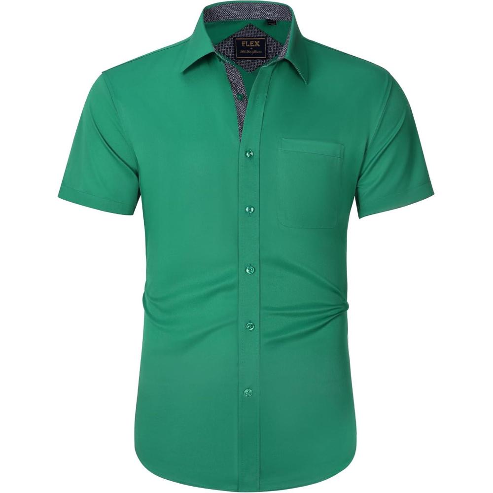 imageJVER Mens Short Sleeve Dress Shirts Stretch Wrinkle Free Casual Button Down Shirts with Pocket for Business WeddingHunter Green