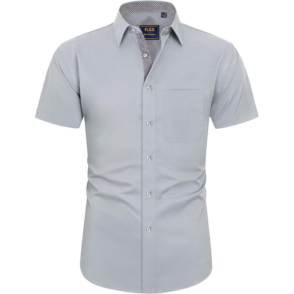 imageJVER Mens Short Sleeve Dress Shirts Stretch Wrinkle Free Casual Button Down Shirts with Pocket for Business WeddingLight Grey