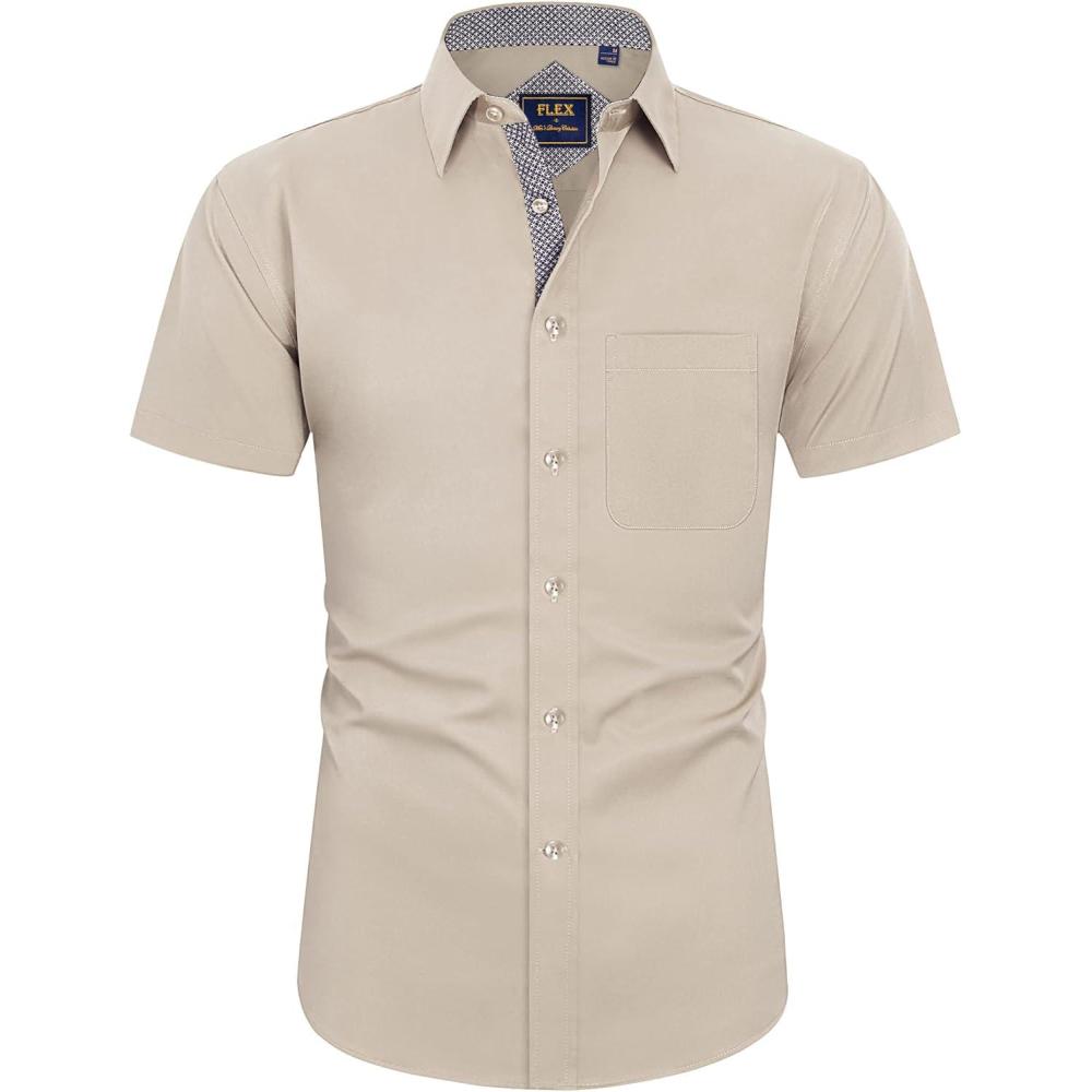imageJVER Mens Short Sleeve Dress Shirts Stretch Wrinkle Free Casual Button Down Shirts with Pocket for Business WeddingLight Khaki