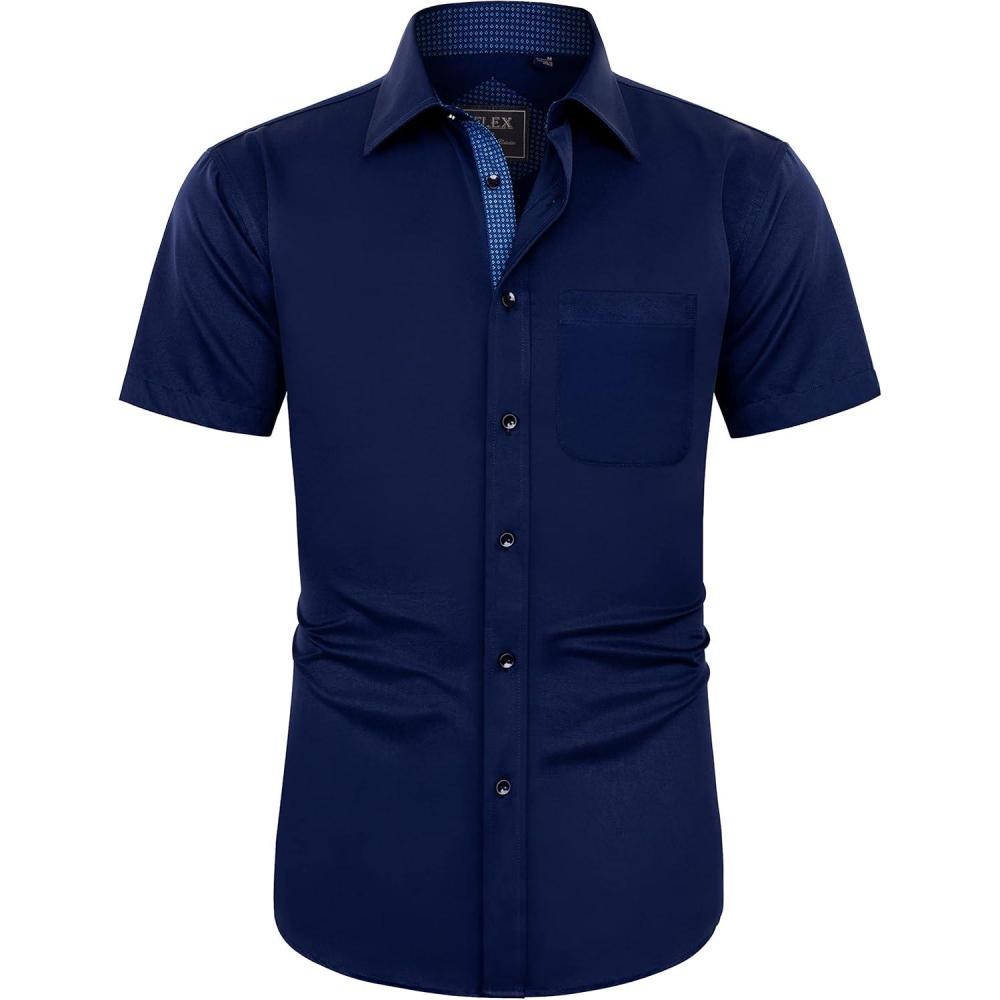 imageJVER Mens Short Sleeve Dress Shirts Stretch Wrinkle Free Casual Button Down Shirts with Pocket for Business WeddingNavy Blue