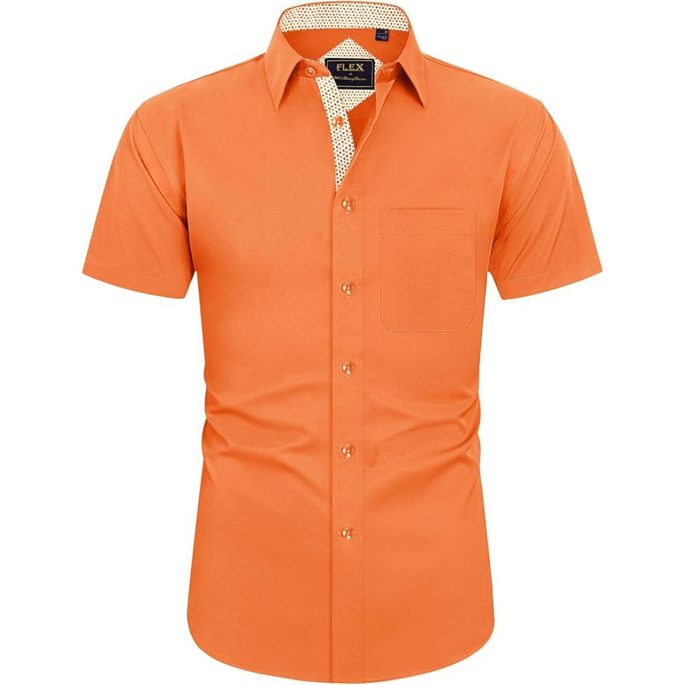 imageJVER Mens Short Sleeve Dress Shirts Stretch Wrinkle Free Casual Button Down Shirts with Pocket for Business WeddingOrange