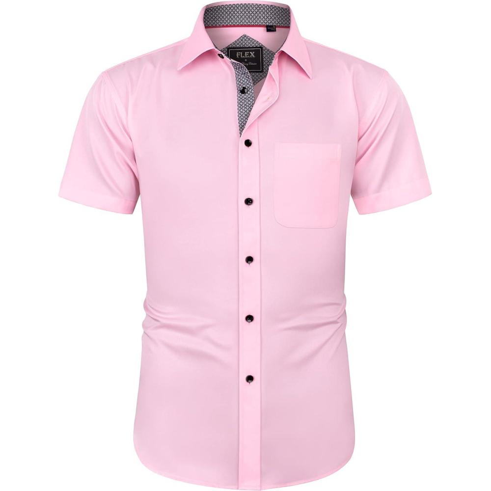 imageJVER Mens Short Sleeve Dress Shirts Stretch Wrinkle Free Casual Button Down Shirts with Pocket for Business WeddingPink