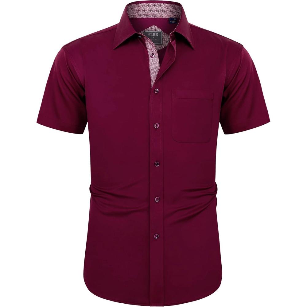 imageJVER Mens Short Sleeve Dress Shirts Stretch Wrinkle Free Casual Button Down Shirts with Pocket for Business WeddingRed Wine