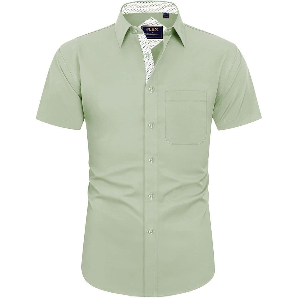 imageJVER Mens Short Sleeve Dress Shirts Stretch Wrinkle Free Casual Button Down Shirts with Pocket for Business WeddingSage Green