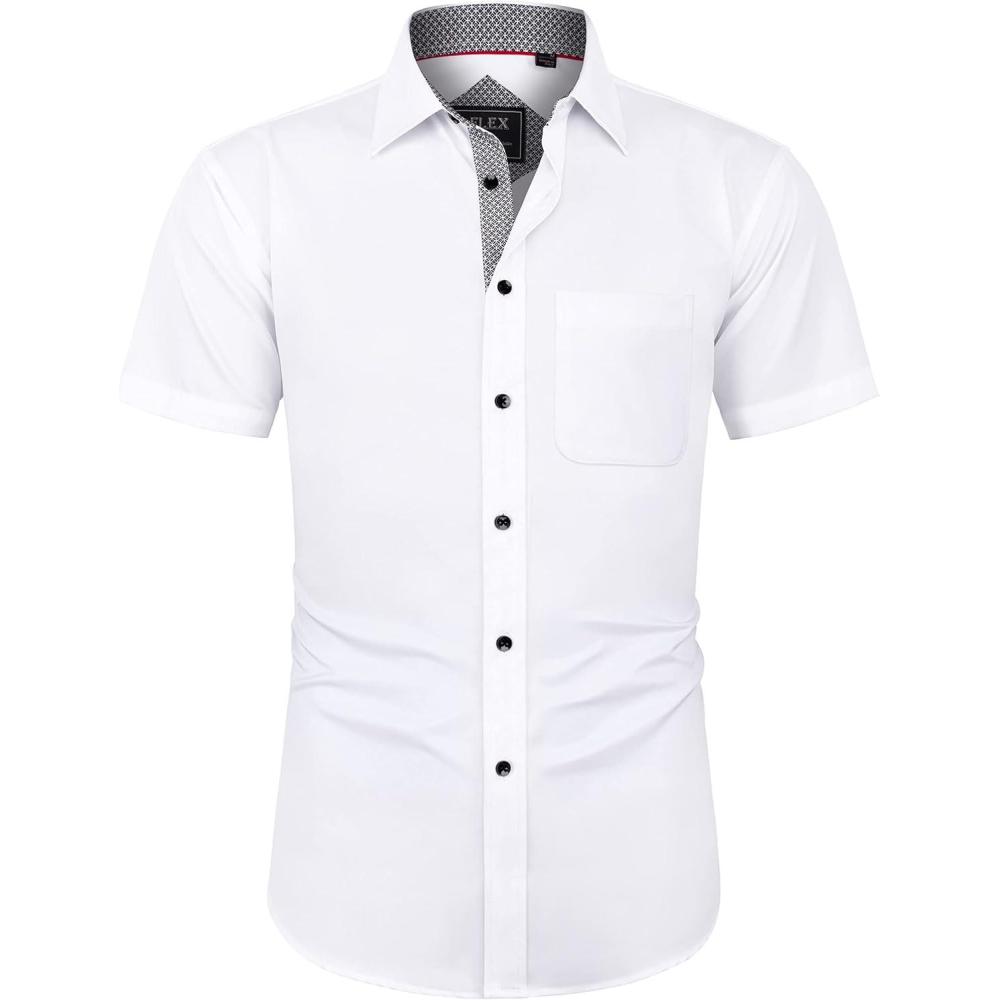 imageJVER Mens Short Sleeve Dress Shirts Stretch Wrinkle Free Casual Button Down Shirts with Pocket for Business WeddingWhite Black