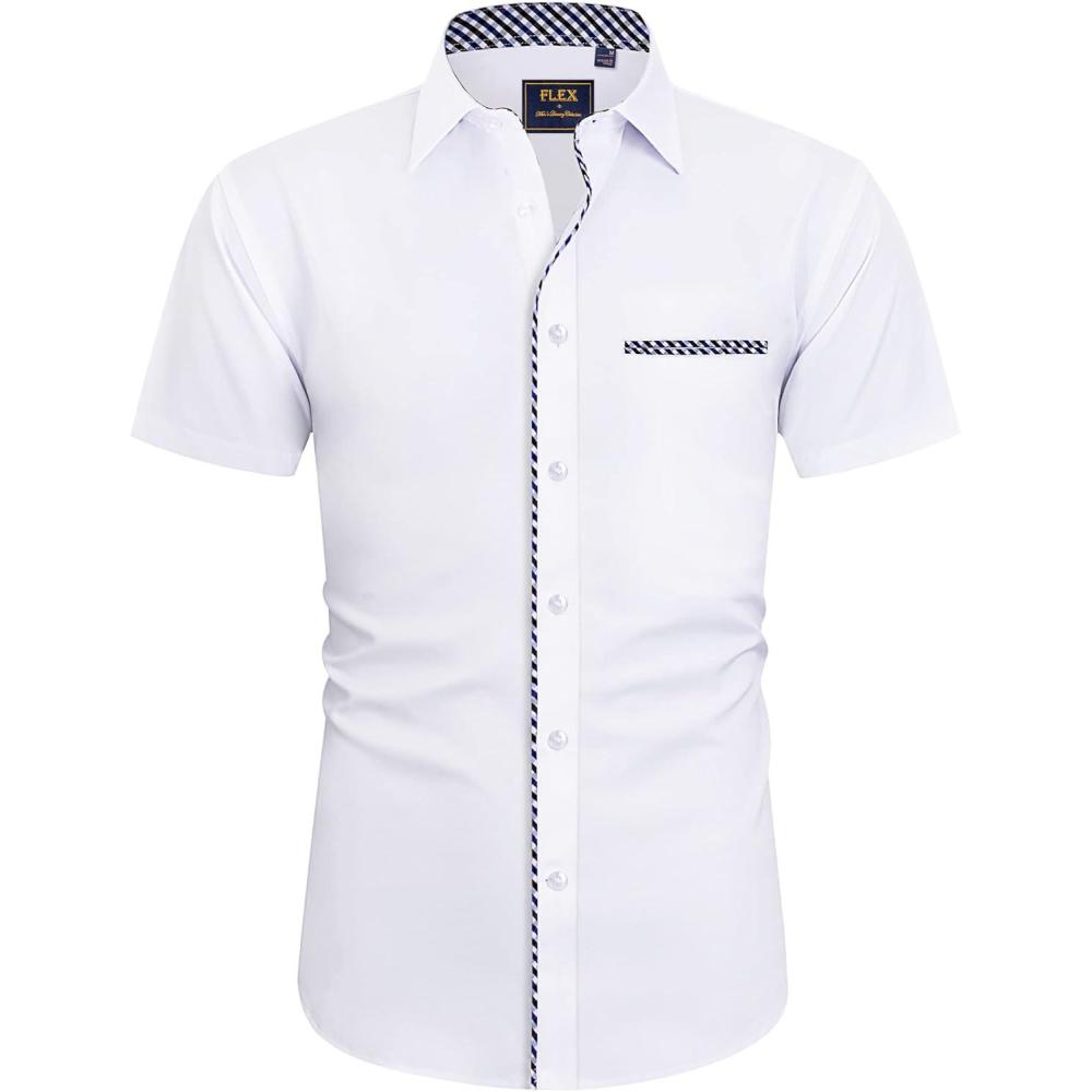 imageJVER Mens Short Sleeve Dress Shirts Stretch Wrinkle Free Casual Button Down Shirts with Pocket for Business WeddingWhite Design