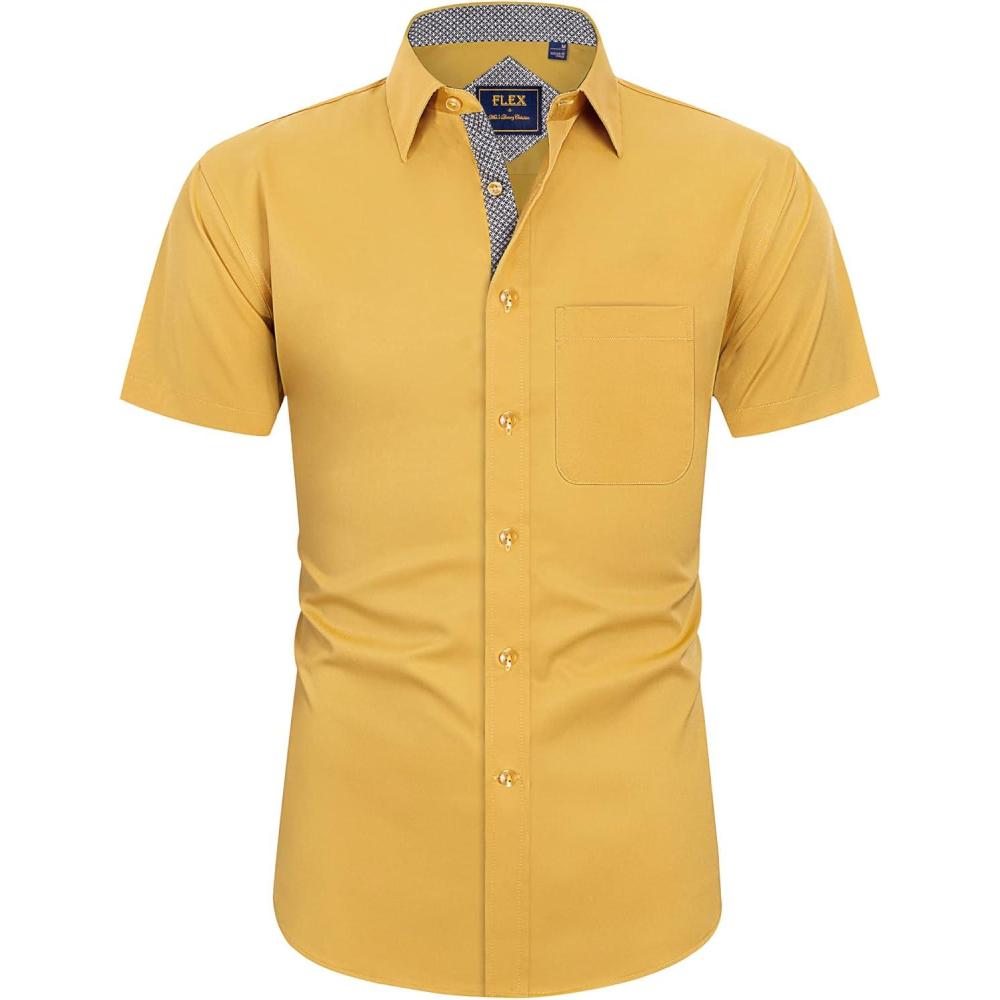imageJVER Mens Short Sleeve Dress Shirts Stretch Wrinkle Free Casual Button Down Shirts with Pocket for Business WeddingYellow