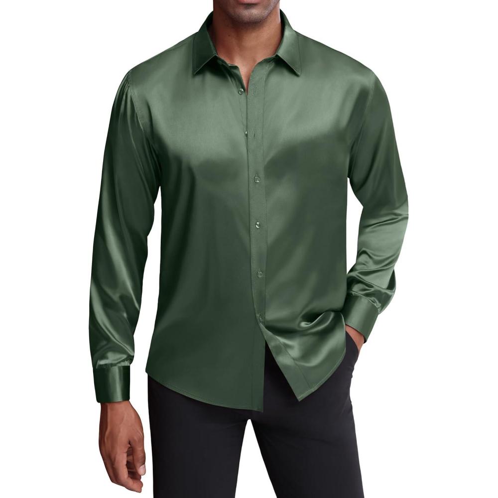 imageJVER Mens Silk Satin Long Sleeve Dress Shirts Shiny Casual Button Down Shirt Luxury Party Prom ShirtsArmy Green