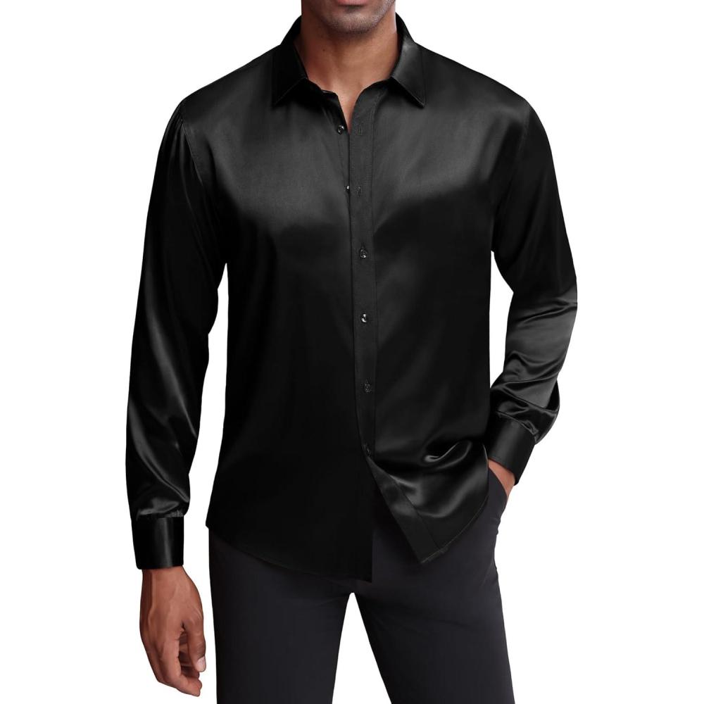 imageJVER Mens Silk Satin Long Sleeve Dress Shirts Shiny Casual Button Down Shirt Luxury Party Prom ShirtsBlack