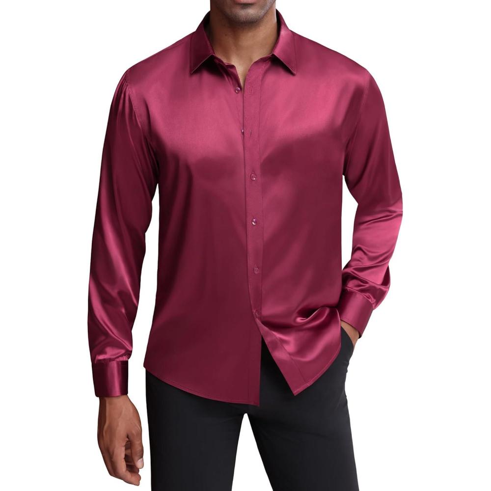 imageJVER Mens Silk Satin Long Sleeve Dress Shirts Shiny Casual Button Down Shirt Luxury Party Prom ShirtsBurgundy