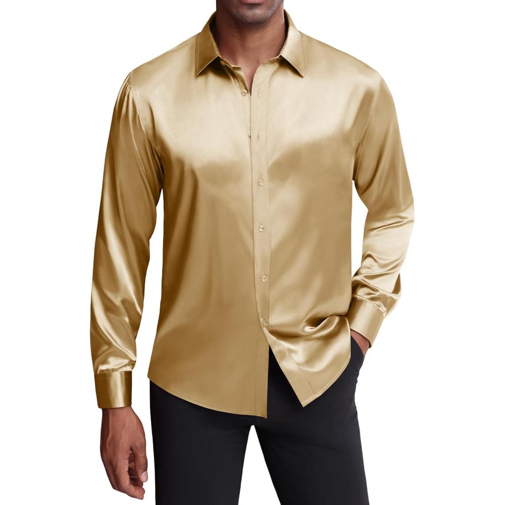 imageJVER Mens Silk Satin Long Sleeve Dress Shirts Shiny Casual Button Down Shirt Luxury Party Prom ShirtsGold