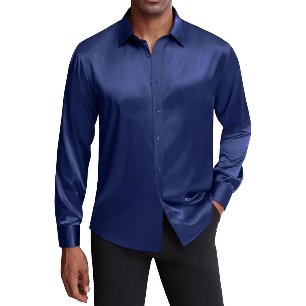 imageJVER Mens Silk Satin Long Sleeve Dress Shirts Shiny Casual Button Down Shirt Luxury Party Prom ShirtsNavy Blue