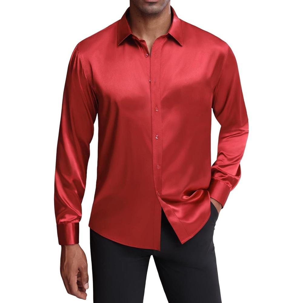 imageJVER Mens Silk Satin Long Sleeve Dress Shirts Shiny Casual Button Down Shirt Luxury Party Prom ShirtsRed