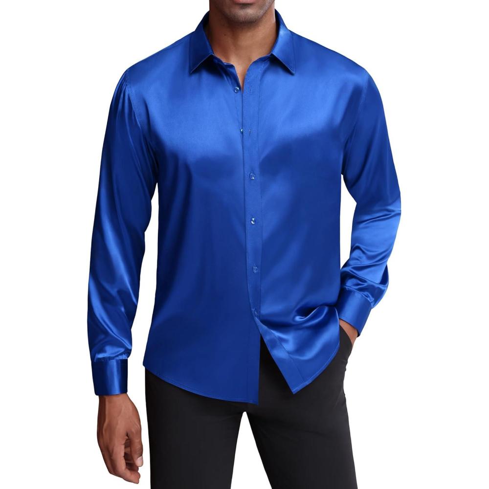 imageJVER Mens Silk Satin Long Sleeve Dress Shirts Shiny Casual Button Down Shirt Luxury Party Prom ShirtsRoyal Blue