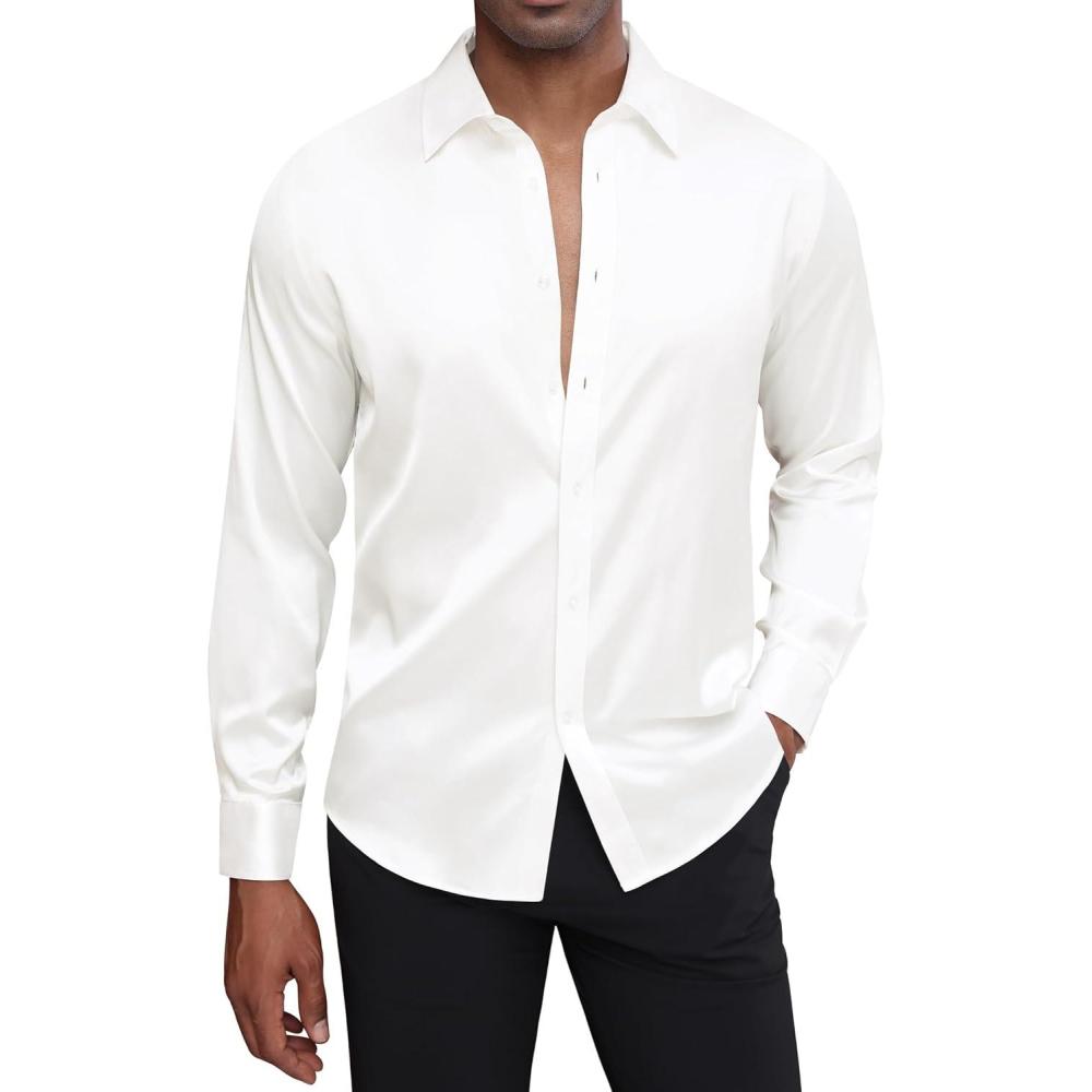 imageJVER Mens Silk Satin Long Sleeve Dress Shirts Shiny Casual Button Down Shirt Luxury Party Prom ShirtsWhite